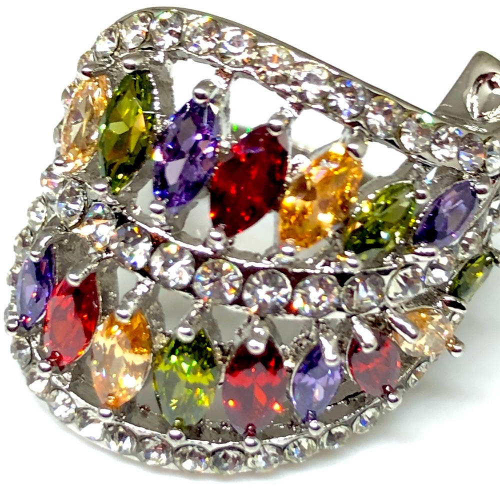 Silver Multi Colored Cz Leaf Ring - image 1